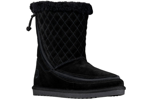 Women's black BILLY Cozy Quilt Lux boots with quilted details, suede upper, shearling insulation, and flip-top zipper technology.