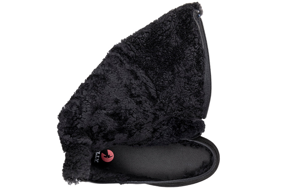 Women's Black BILLY Cozy Quilt Warm Lux Boots open to show shearling insulation with flip-top zipper technology for easy access.