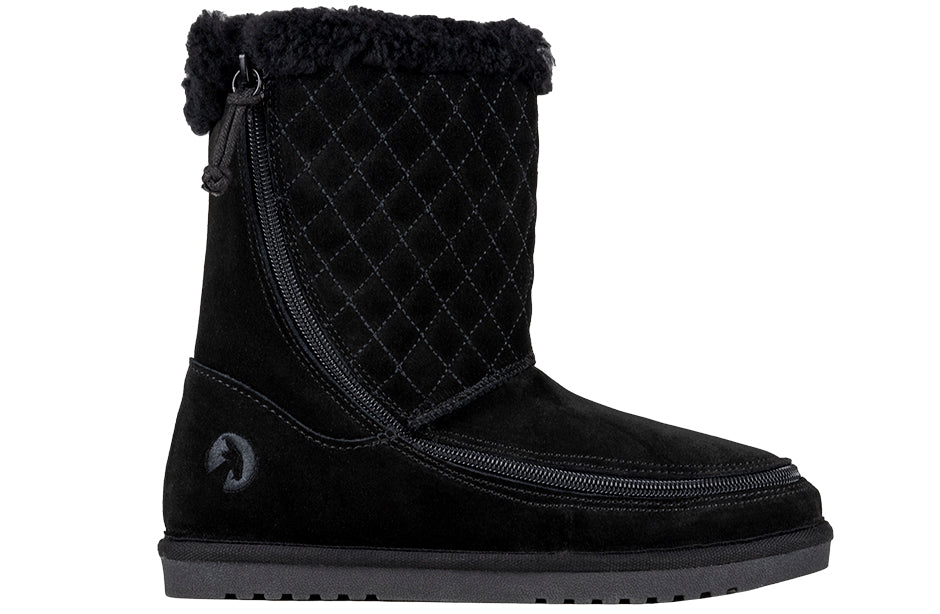 Women's Black Cozy Quilt Warm Lux Boots with flip-top zipper, suitable for diabetes, plantar fasciitis, bunions, wide feet.