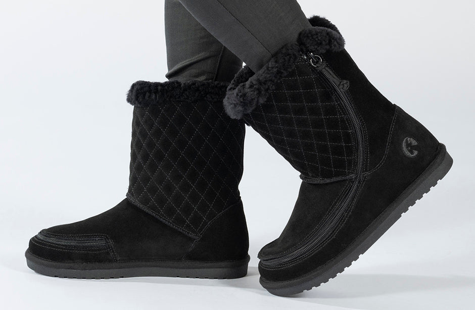 Women's black BILLY Cozy Quilt Lux Boots with suede upper and warm shearling, ideal for wide feet, diabetics, and plantar fasciitis.