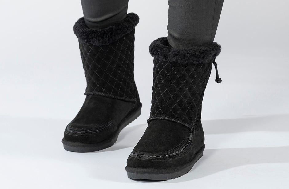 Women's Black BILLY Cozy Quilt Lux Boots for comfort and warmth, ideal for diabetes, plantar fasciitis, bunions, and orthotics.
