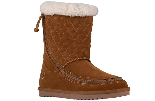 Women's chestnut BILLY Cozy Quilt boots, suede with shearling, flip-top zipper, suitable for diabetes, plantar fasciitis, wide feet.