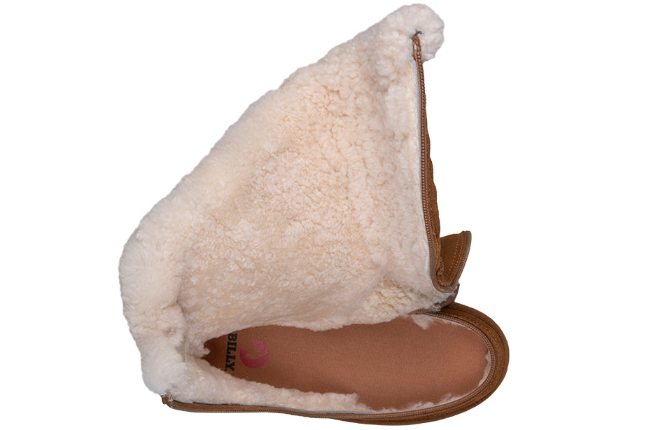 Women's Chestnut BILLY Cozy Quilt Lux Boots with flip-top zipper, warm shearling insulation, ideal for wide feet and orthotics.