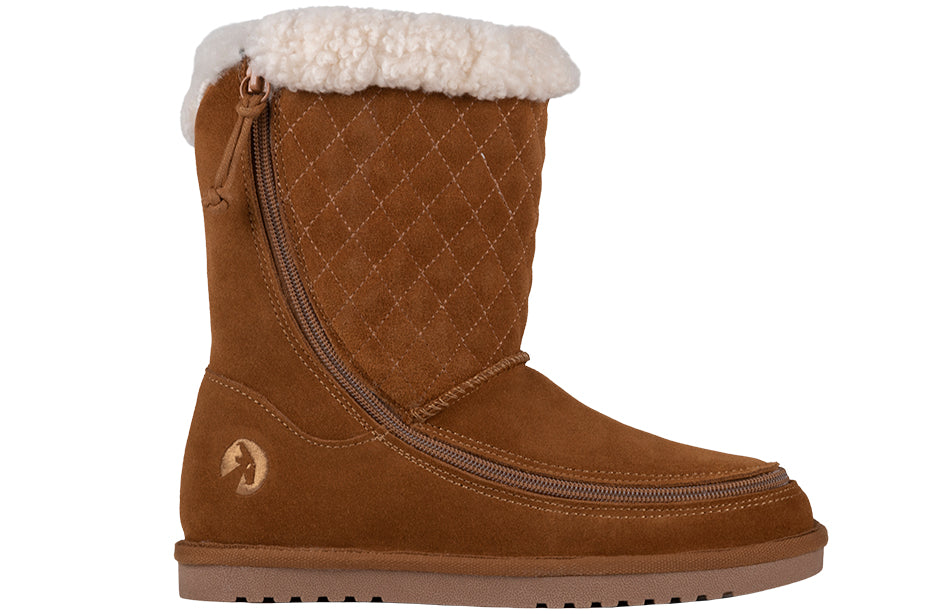 Women's Chestnut Cozy Quilt BILLY Boots with suede upper and quilted design, ideal for diabetes, plantar fasciitis, and orthotics.