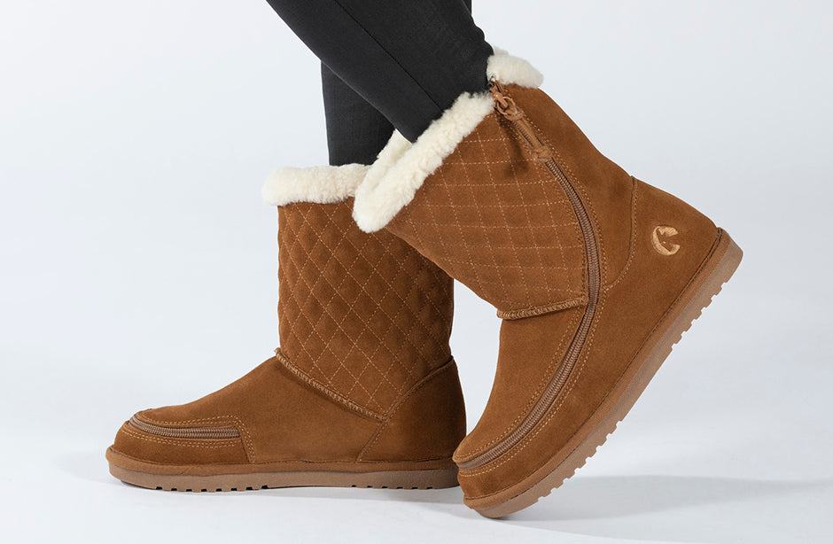 Women's chestnut BILLY Cozy Quilt Lux Boots with shearling insulation and quilted design, ideal for diabetes, bunions, and orthotics.
