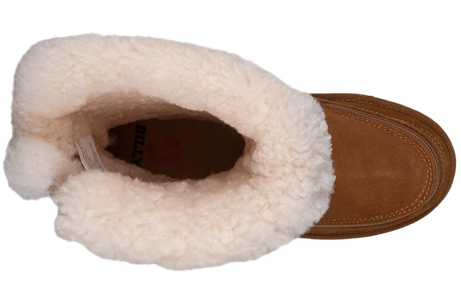 Top view of Women's Chestnut BILLY Cozy Quilt Lux Boot showcasing warm shearling lining and suede upper with flip-top zipper design.