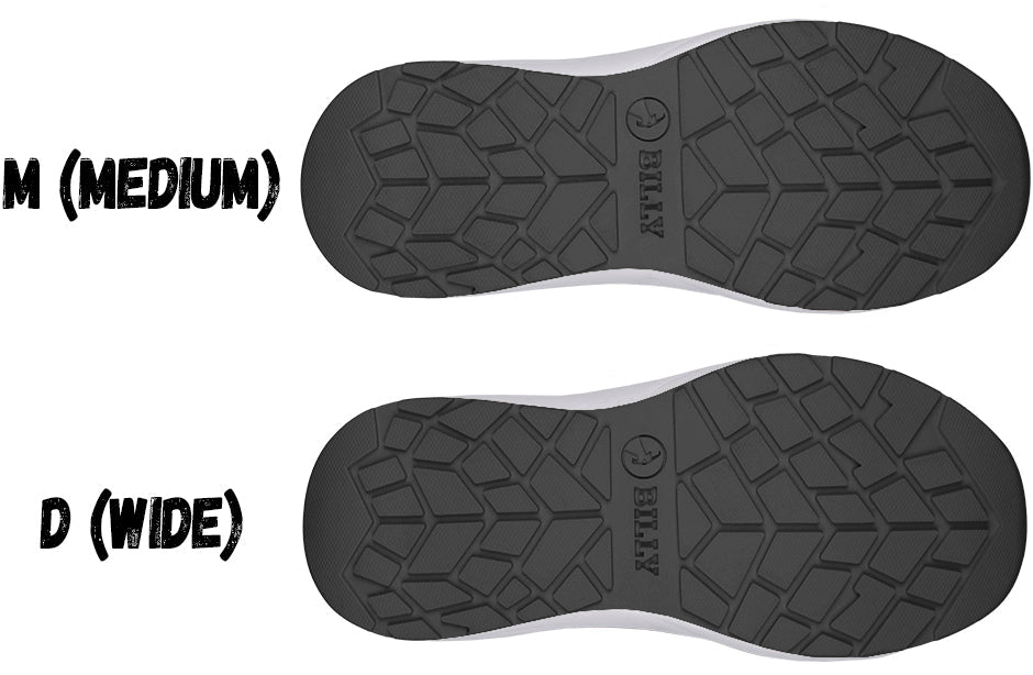 Sole view of BILLY Sport Inclusion Sneakers showing medium and wide widths, ideal shoes for plantar fasciitis, diabetes, and more.