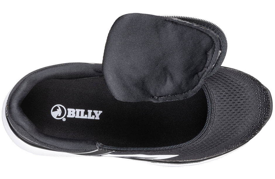 Top view of Women's Black/White BILLY Sport Inclusion Athletic Sneaker with innovative short-wrap zipper, ideal for orthotics.