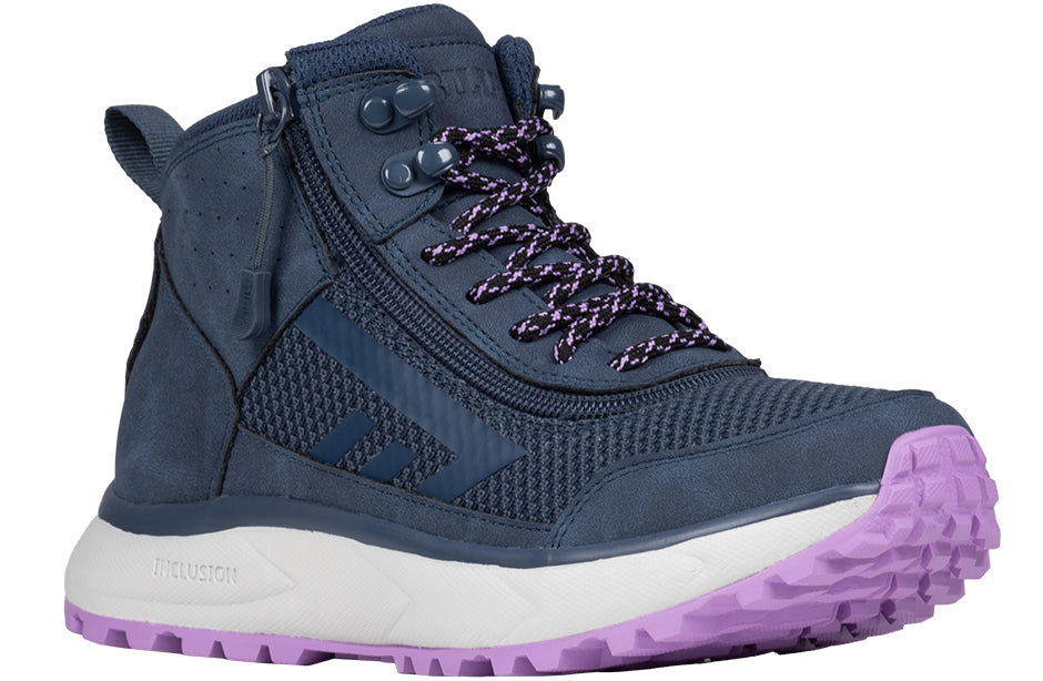 Women's Navy/Purple BILLY Inclusion Trail Boots for diabetes, plantar fasciitis, bunions, wide feet, wheelchair use, and orthotics.