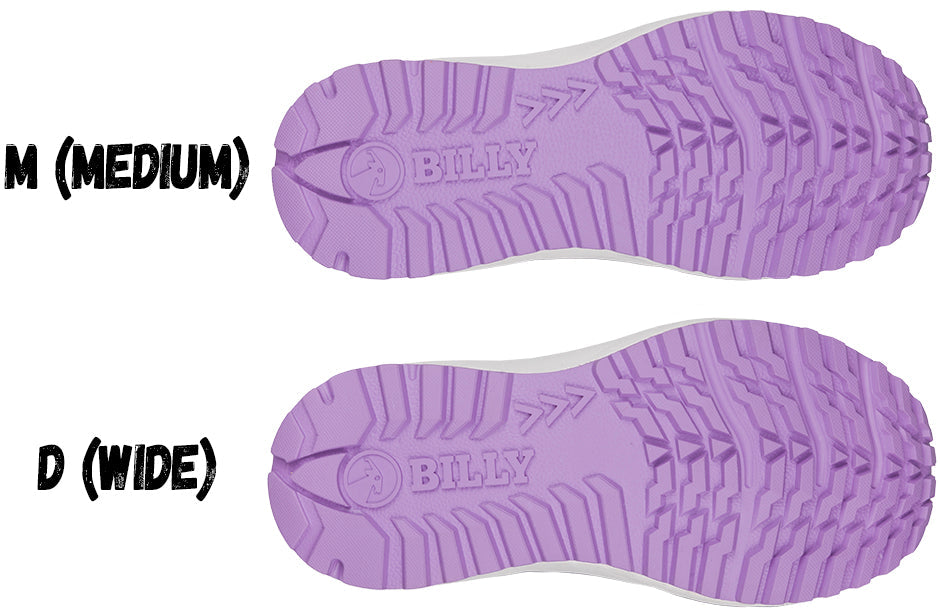 BILLY Inclusion Trail Boots soles in medium and wide widths, showing purple tread pattern for women's diabetic and orthopedic shoes.
