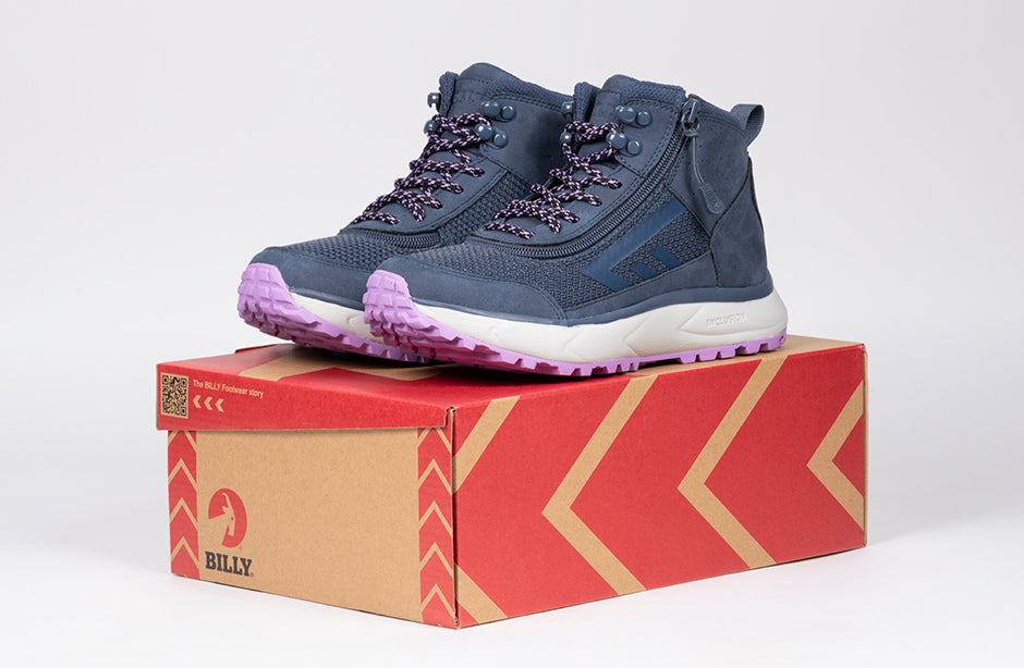 Women's Navy/Purple BILLY Inclusion Trail Boots on box, ideal for diabetes, plantar fasciitis, bunions, and orthotics.