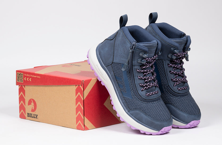 Women's Navy/Purple BILLY Inclusion Trail Boots by box; shoes for diabetes, plantar fasciitis, bunions, wide feet, orthotics.