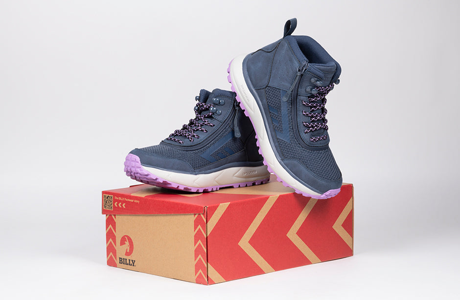 Women's Navy/Purple BILLY Inclusion Trail Boots for diabetes, plantar fasciitis, bunions, wide feet, wheelchair use, and orthotics on box.