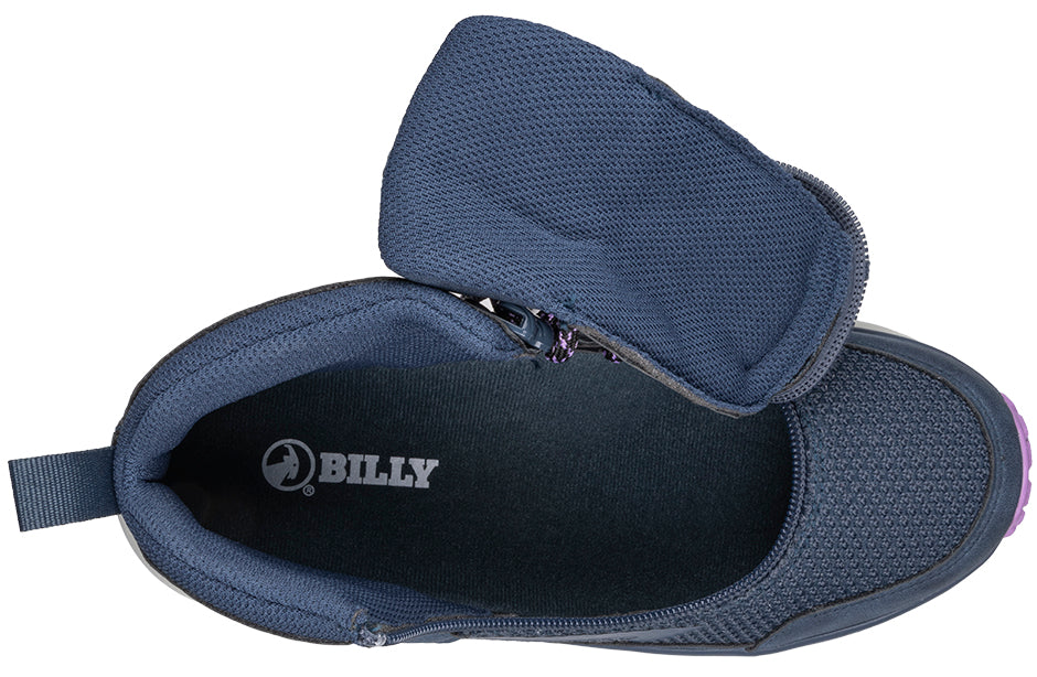 Top view of Women's Navy/Purple BILLY Inclusion Trail Boots featuring a short-wrap zipper ideal for comfort and accessibility.