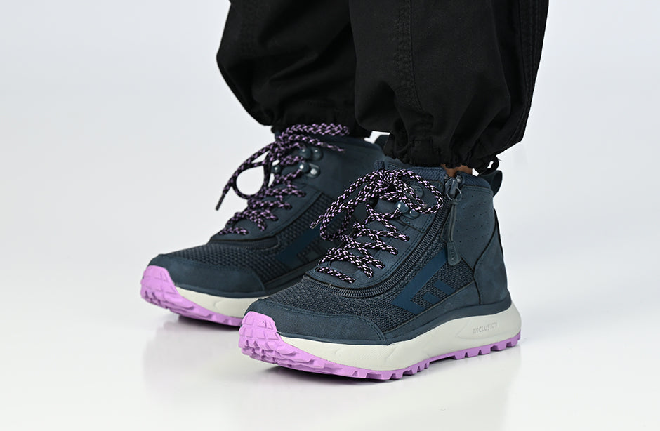 Women's Navy/Purple BILLY Inclusion Trail Boots for diabetes, plantar fasciitis, bunions, wide feet, and orthotics support.