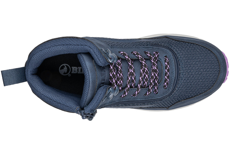 Top view of Women's Navy/Purple BILLY Inclusion Trail Boots, ideal shoes for diabetes, plantar fasciitis, and wide feet comfort.