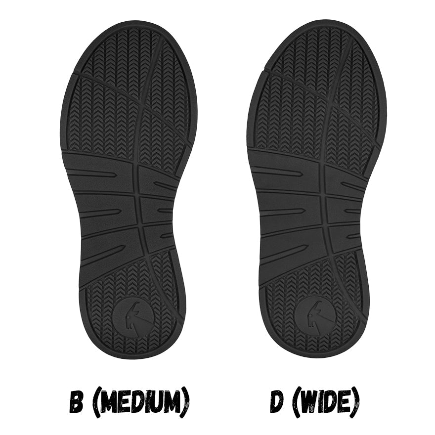 Comparison of B (Medium) and D (Wide) shoe soles for Women's Billy Comfort Lows, ideal for shoes for bunions and wide feet.