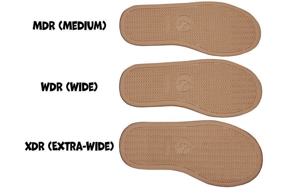 Three shoe insoles showing sizes: Medium, Wide, and Extra-Wide for optimal fit and comfort.