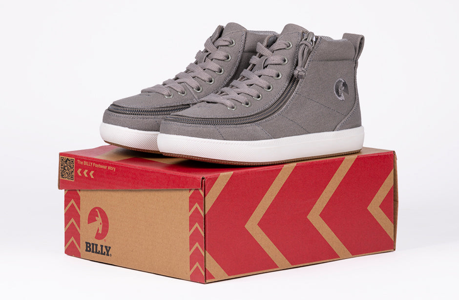 Dark Grey BILLY Classic D|R II High Tops on box, ideal shoes for diabetes, plantar fasciitis, bunions, wide & extra-wide feet, orthotics, wheelchair use.
