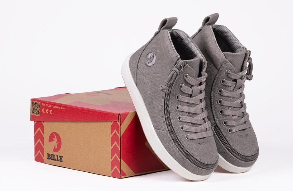 Dark grey BILLY high top shoes with box, suitable for diabetes, plantar fasciitis, bunions, wide feet, orthotics, and wheelchair use.