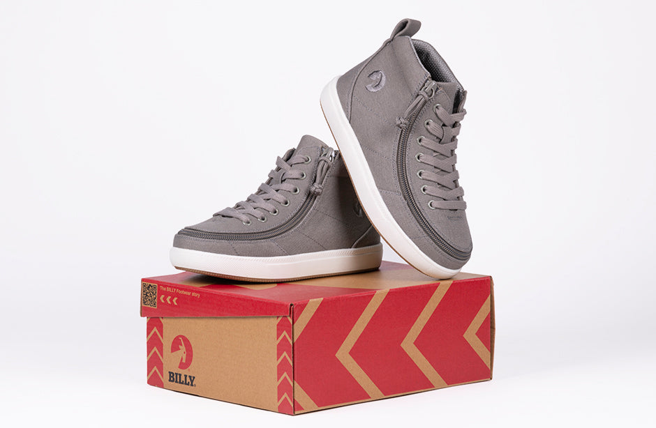 Dark grey BILLY high tops on box, ideal shoes for diabetes, plantar fasciitis, bunions, wide feet, and wheelchair users.