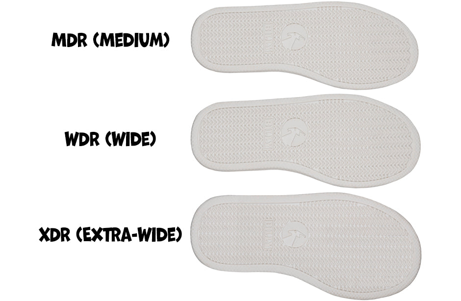 Shoe insoles displaying MDR (Medium), WDR (Wide), and XDR (Extra-Wide) size options for comfort and support.