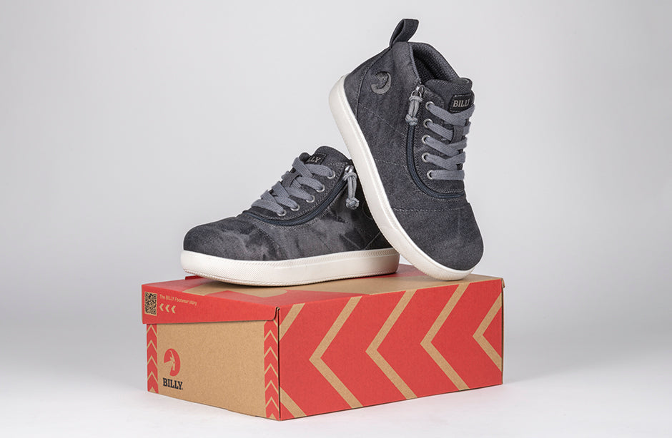 Black Acid Wash D|R II Short Wrap High Tops on shoe box; ideal for diabetes, plantar fasciitis, bunions, orthotics and wheelchair use.