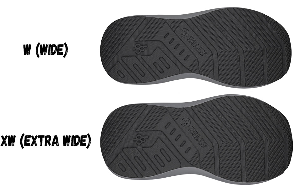 Sole comparison of Black BILLY Goat Classic High Top AFO-Friendly Shoes: wide vs extra wide, ideal for orthotics and wide feet.