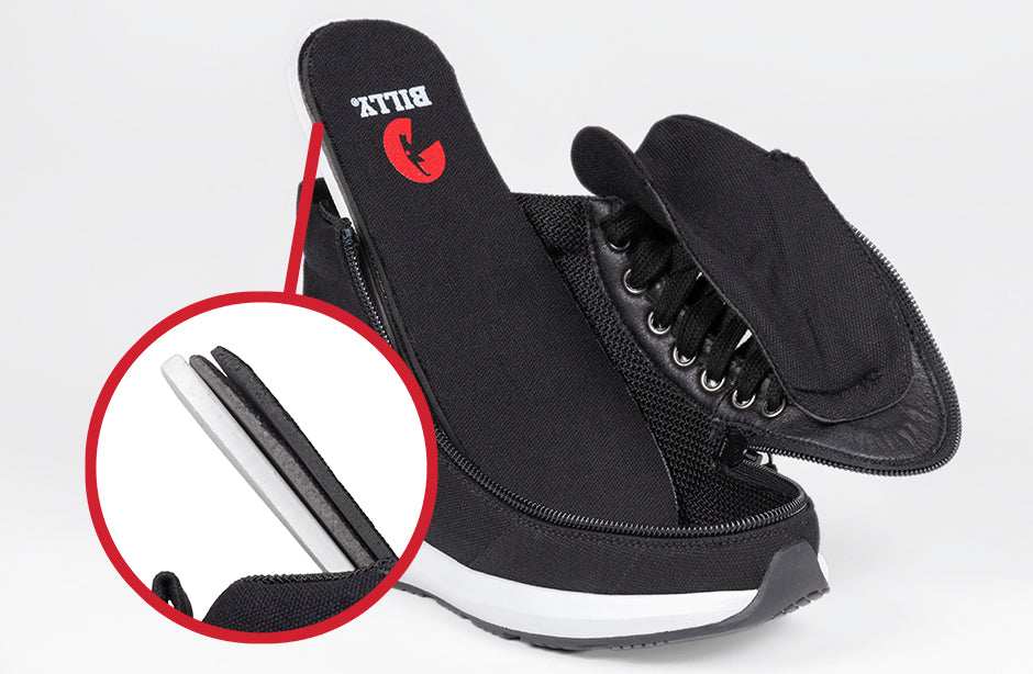 Black BILLY Goat Classic High Top AFO-Friendly Shoes with full wrap zipper and orthopedic insole for bunions and plantar fasciitis.