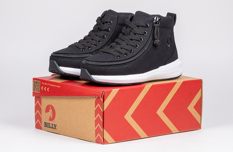 Black BILLY Goat Classic High Top AFO-Friendly Shoes on box, ideal for diabetes, plantar fasciitis, bunions, wide feet, orthotics.