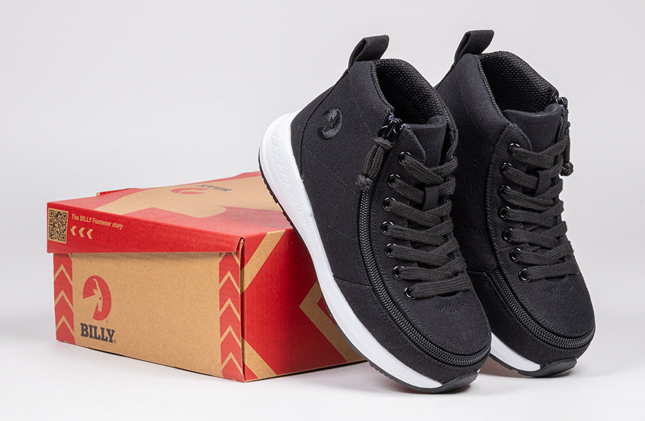 Black BILLY Goat AFO-Friendly Shoes for orthotics, diabetes, plantar fasciitis, and wide feet; shown next to product box.