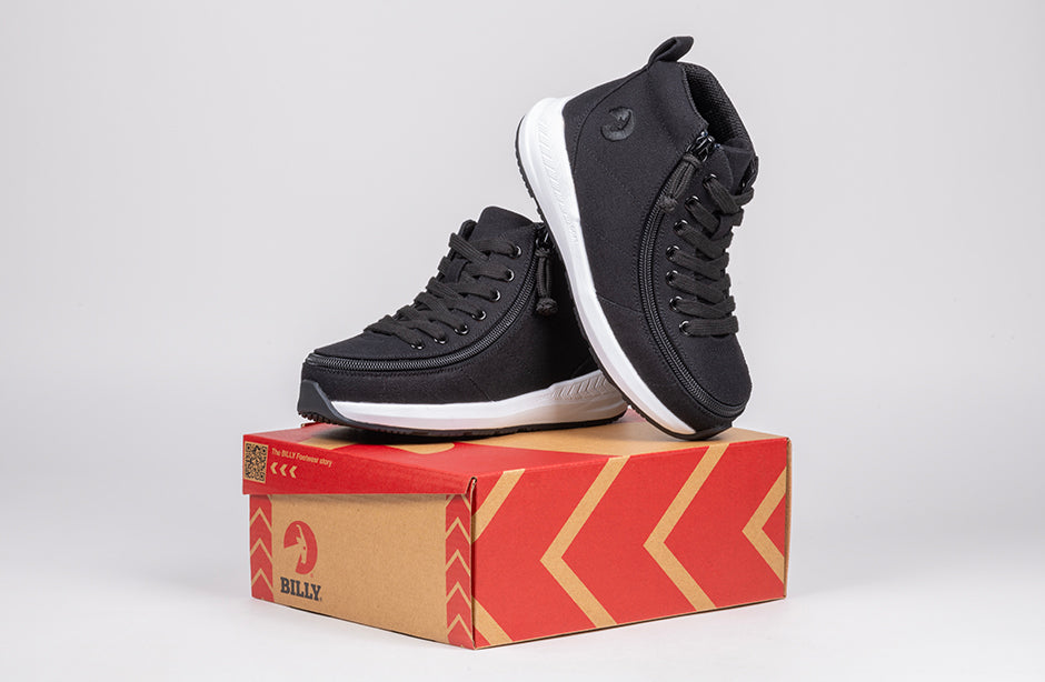 Black BILLY Goat Classic High Top AFO-Friendly Shoes on box, ideal for diabetes, plantar fasciitis, bunions, orthotics, wide feet.