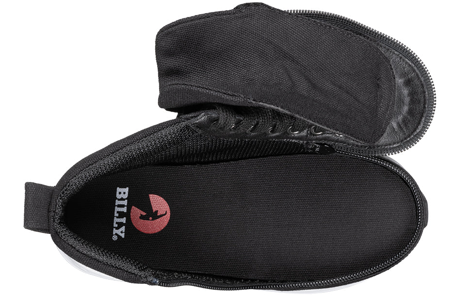 Top view of Black BILLY Goat Classic High Top AFO-Friendly Shoes with full wrap zipper and removable insole, ideal for orthotics and wide feet.