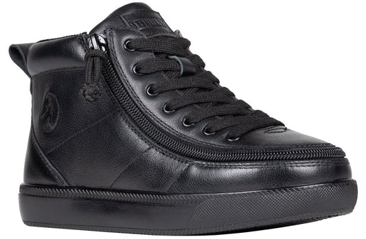 Black leather BILLY Classic High Tops with zipper closure; suitable for diabetes, bunions, plantar fasciitis, orthotics, wide feet.