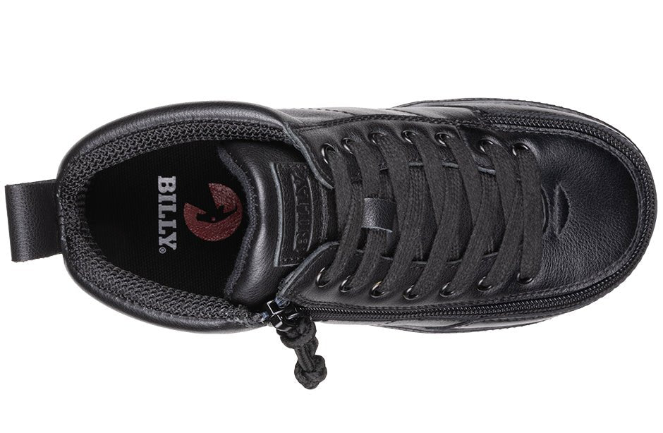 Top view of BILLY Black Leather D|R II High Tops with wrap-around zipper, ideal shoes for diabetes, plantar fasciitis, and wide feet.