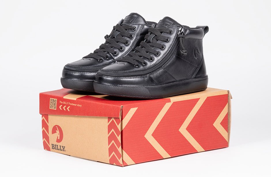 Black BILLY Classic Leather High Tops, suitable for diabetes, plantar fasciitis, bunions, wide feet, orthotics, and wheelchair use.