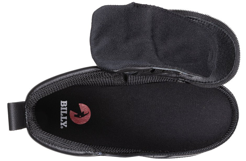 Top view of BILLY black leather high top shoe with open wrap-around zipper, wide entry design ideal for orthotics, and enhanced durability.