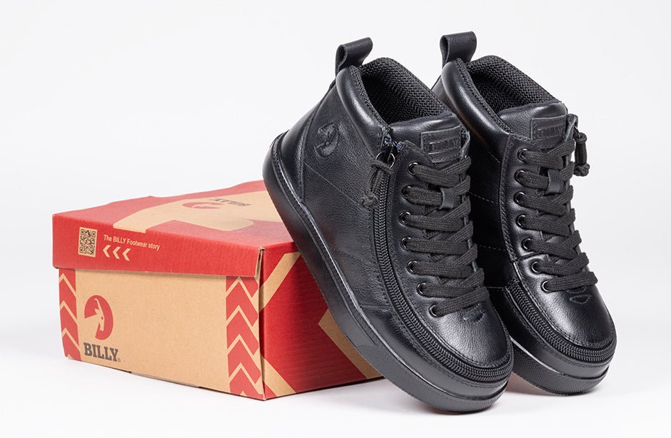 Black BILLY Classic High Tops with zipper closure, ideal for diabetes, plantar fasciitis, wide or extra-wide feet, and wheelchair users.