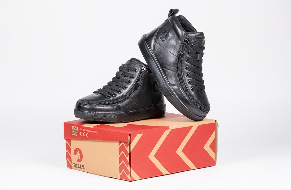 Black high top leather BILLY shoes for diabetes, plantar fasciitis, and wide feet, shown on a box with zipper closure.