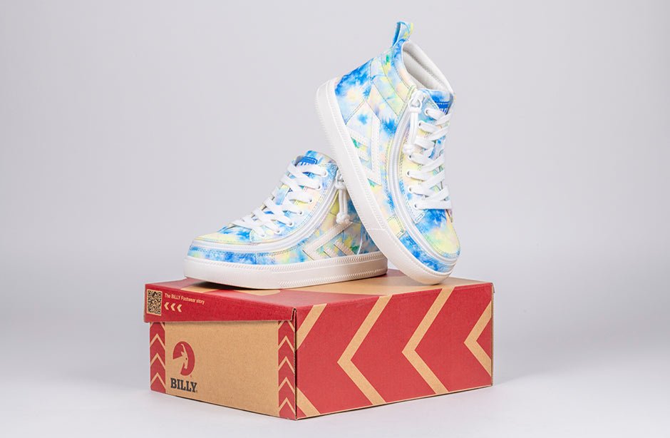 Blue Watercolor BILLY CS High Tops 2.0 on box, shoes for diabetes, plantar fasciitis, bunions, wide and extra wide feet, wheelchair use.