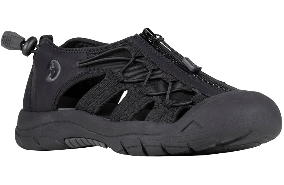 Black women's BILLY River Sandals with adjustable bungee, straight zipper, ideal for plantar fasciitis, bunions, orthotics, and wide feet.
