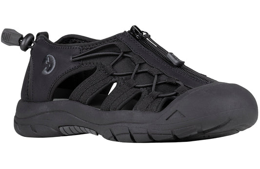 Black women's BILLY River Sandals with adjustable bungee, straight zipper, ideal for plantar fasciitis, bunions, orthotics, and wide feet.