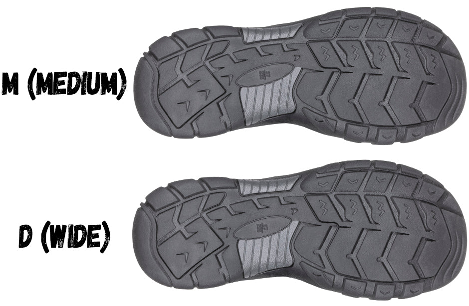 Comparison of medium (M) and wide (D) sole widths for BILLY River Sandals, with traction pattern for diabetic and orthopedic needs.