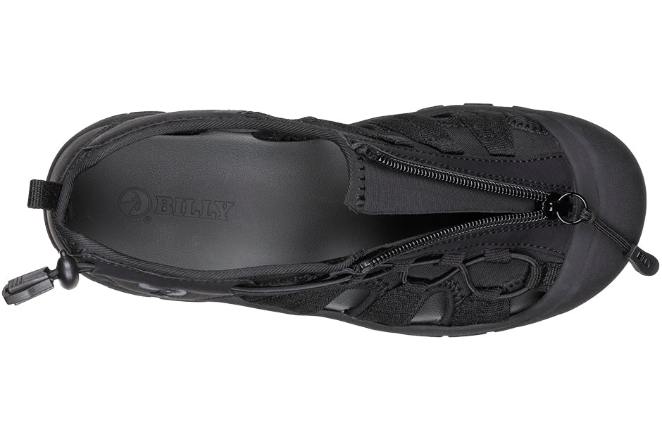 Top view of Women's Black BILLY River Sandals, ideal for diabetes, plantar fasciitis, bunions, wide feet, and orthotics.