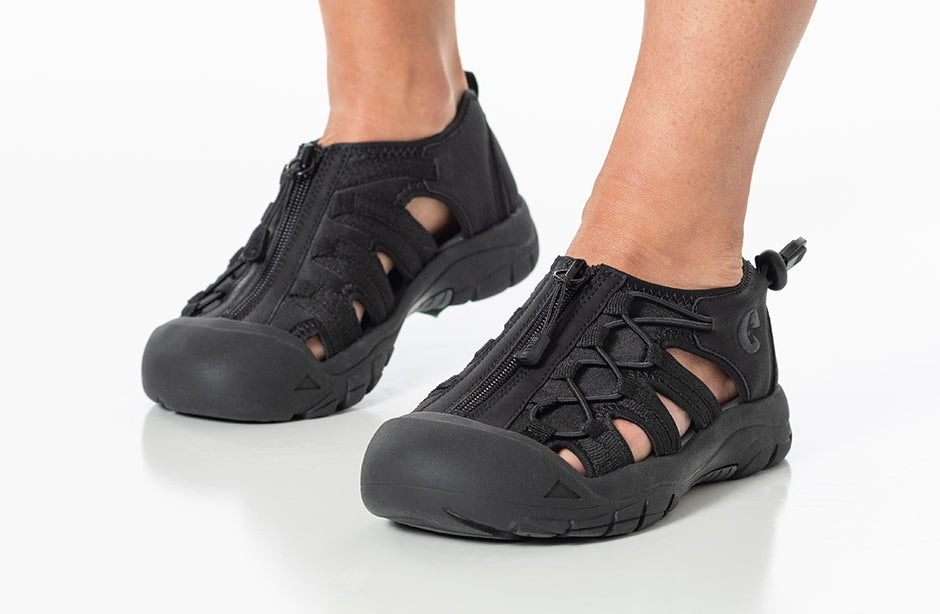 Women's Black BILLY River Sandals with zipper, ideal for diabetes, plantar fasciitis, bunions, wide and extra wide feet, and orthotics.