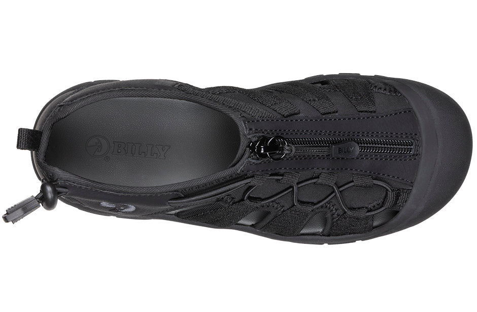 Women's Black BILLY River Sandal with zipper, ideal shoes for diabetes, plantar fasciitis, bunions, wide feet, and orthotics.