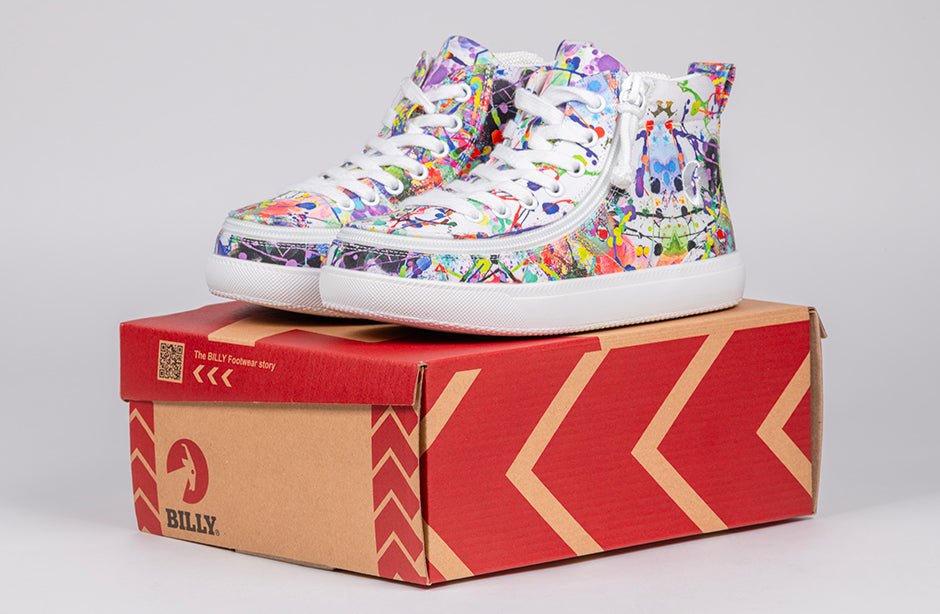 BILLY Lilia's Eye Candy Classic D|R II High Tops featuring vibrant artwork on a shoe box, designed for inclusivity and accessibility.
