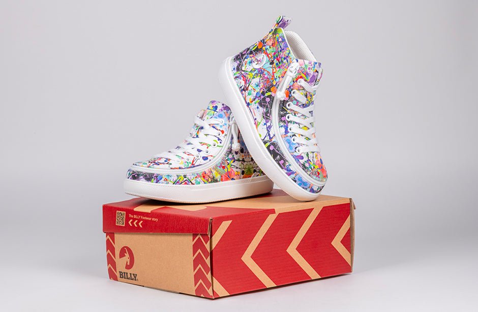 Lilia's Eye Candy BILLY Classic D|R II High Tops with colorful artwork, designed for easy access and inclusivity. Shoes for plantar fasciitis.