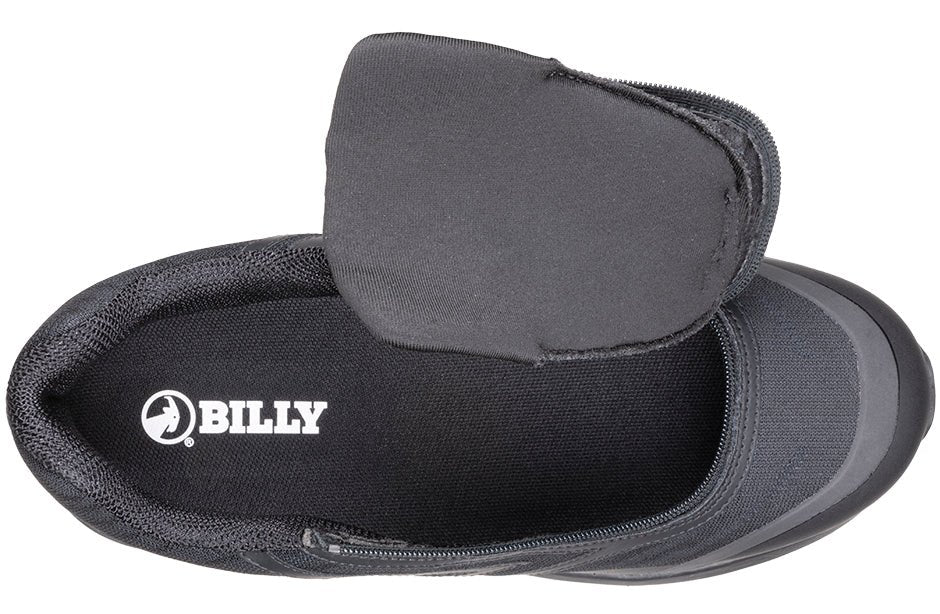 Top view of a Men's Black BILLY Goat AFO-Friendly Shoe with easy wrap zipper closure and customizable insoles for orthotic support.