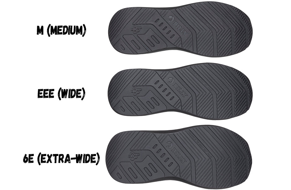 Sole comparison of BILLY Goat AFO-Friendly Shoes in medium, wide, and extra-wide sizes for various foot needs.